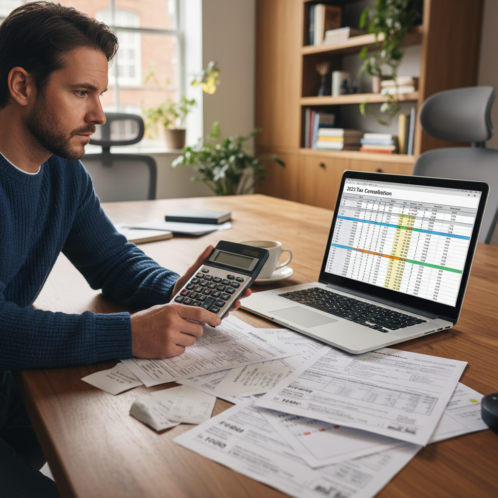 A person with a calculator and several tax forms, including IRS forms and UK tax documents, looking thoughtfully at a laptop screen displaying a spreadsheet, in a modern home office setting, photorealistic
