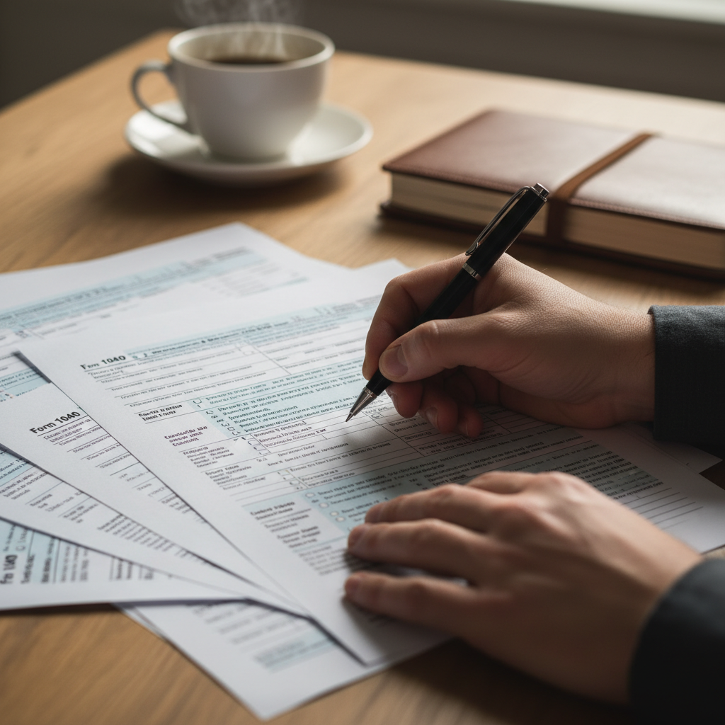 A close-up of hands filling out complex tax forms with a pen, with a blurry background of a desk and a cup of coffee, symbolizing meticulous financial planning, cinematic lighting