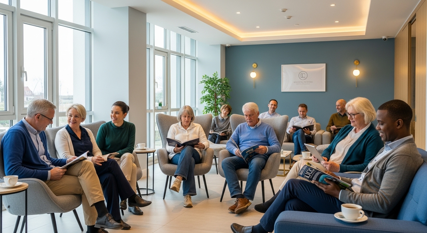 A diverse group of expat individuals of various ages, sitting comfortably in a bright, modern private clinic waiting room. They are engaged in light conversation or reading, looking relaxed and at ease. The setting is clean, professional, and slightly luxurious. Photorealistic, soft lighting.