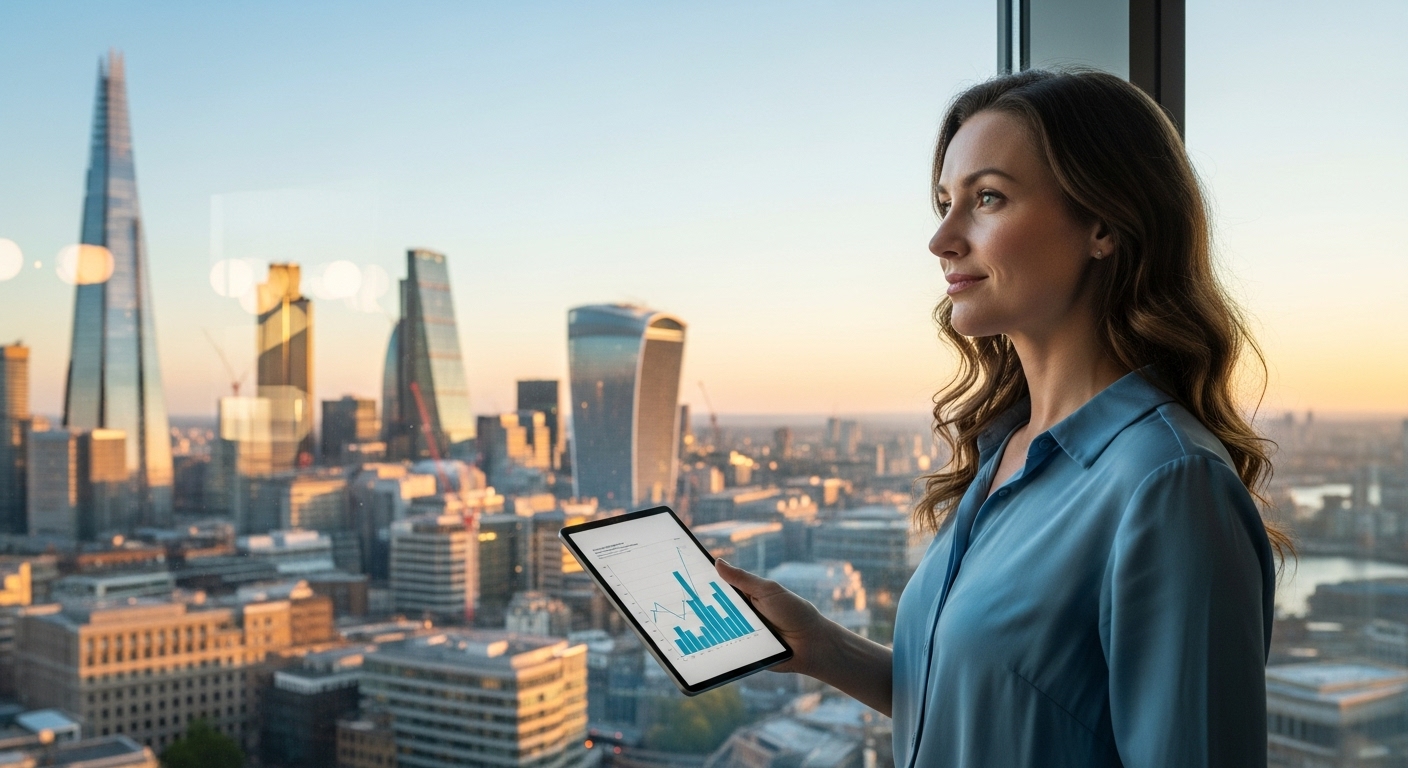 A thoughtful expat individual (male or female, 30s-40s) standing by a large window overlooking a modern, vibrant UK city skyline. They are holding a sleek digital tablet or an insurance policy document, looking confident and secure. The lighting is bright and optimistic, conveying a sense of future planning and peace of mind. Photorealistic, high-resolution.