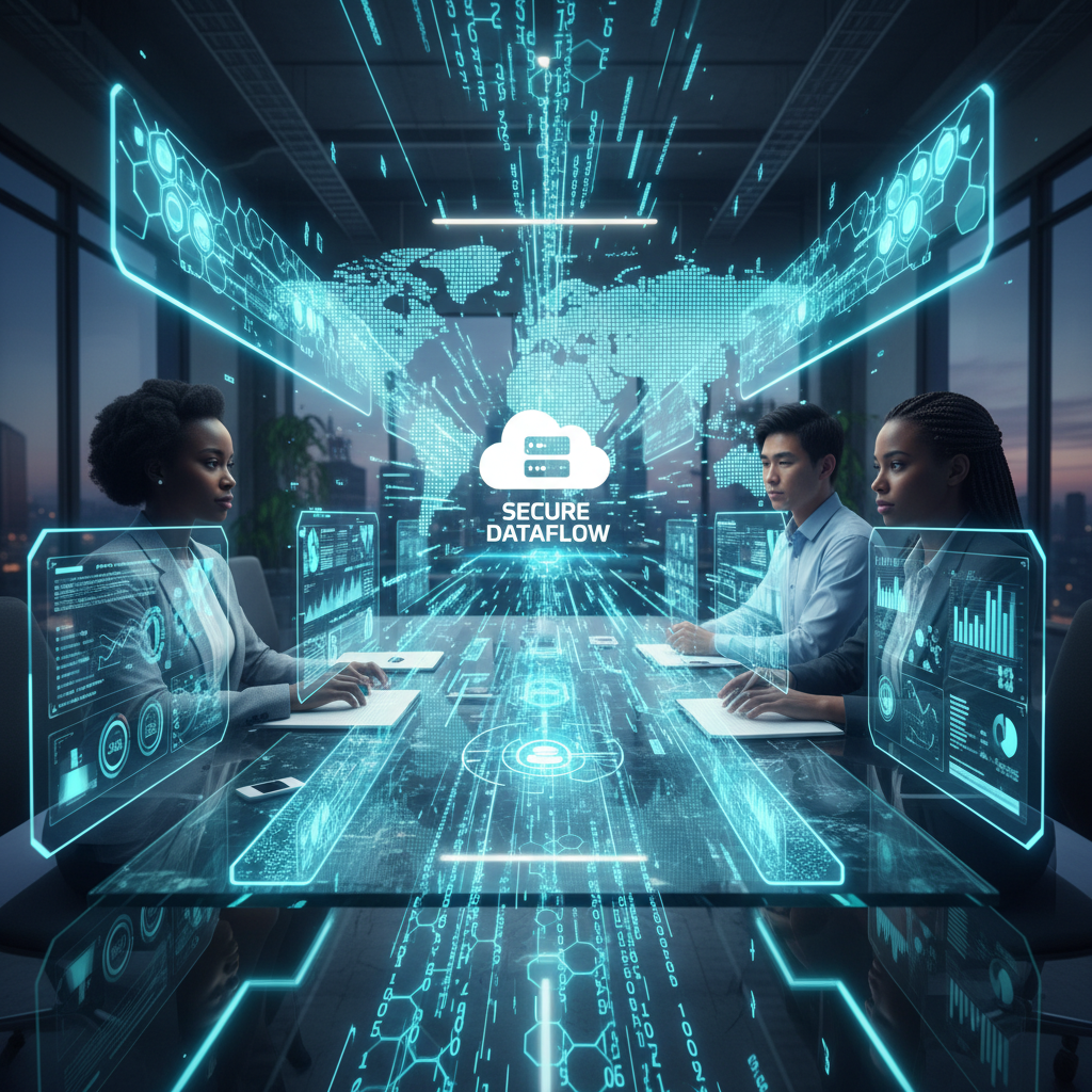 A diverse team of business professionals collaborating virtually, with digital data flowing securely between them. The image should convey global connectivity and data management, photorealistic style.