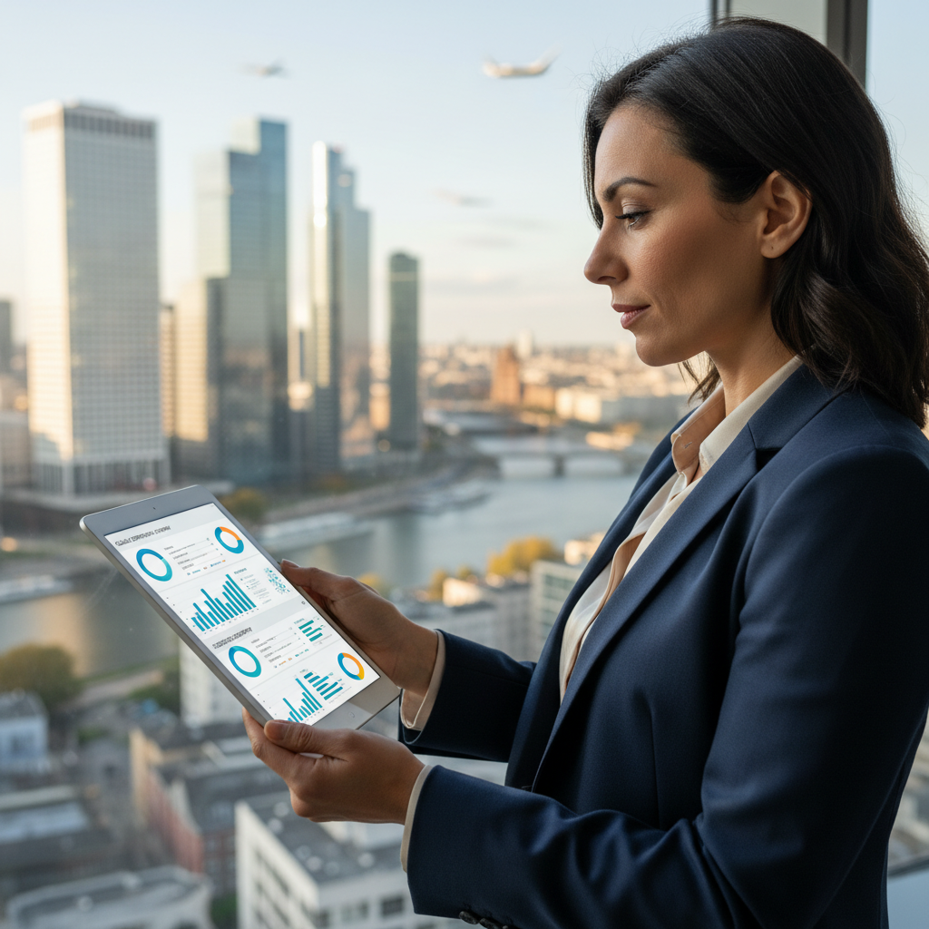 A professional expat business owner looking at a dashboard on a tablet, with a blurred background of a modern European city skyline, depicting efficient management and global reach, photorealistic style.