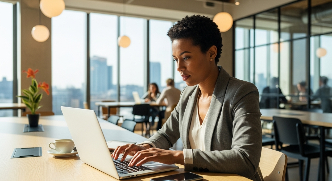 A professional expat entrepreneur, mid-30s, working on a laptop in a modern, bright co-working space in London, looking focused, diverse background, natural light, photorealistic.