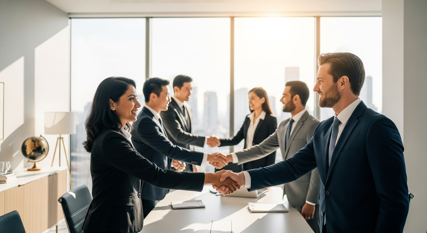A diverse group of business professionals shaking hands in a modern, sunlit office, signifying successful partnership and networking, global business feel, wide shot, photorealistic.