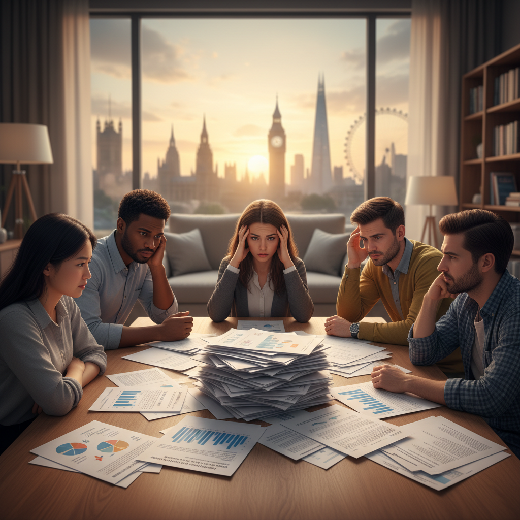 A diverse group of expats looking slightly confused at a pile of complex financial documents, with subtle UK landmarks in the background. Photorealistic, soft lighting.