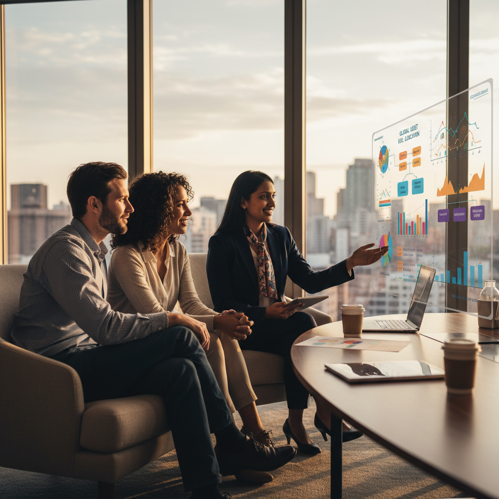 A friendly, professional financial advisor, diverse in appearance, explaining complex financial concepts to an expat couple in a modern office setting. They are looking engaged and understanding. Photorealistic, warm light.