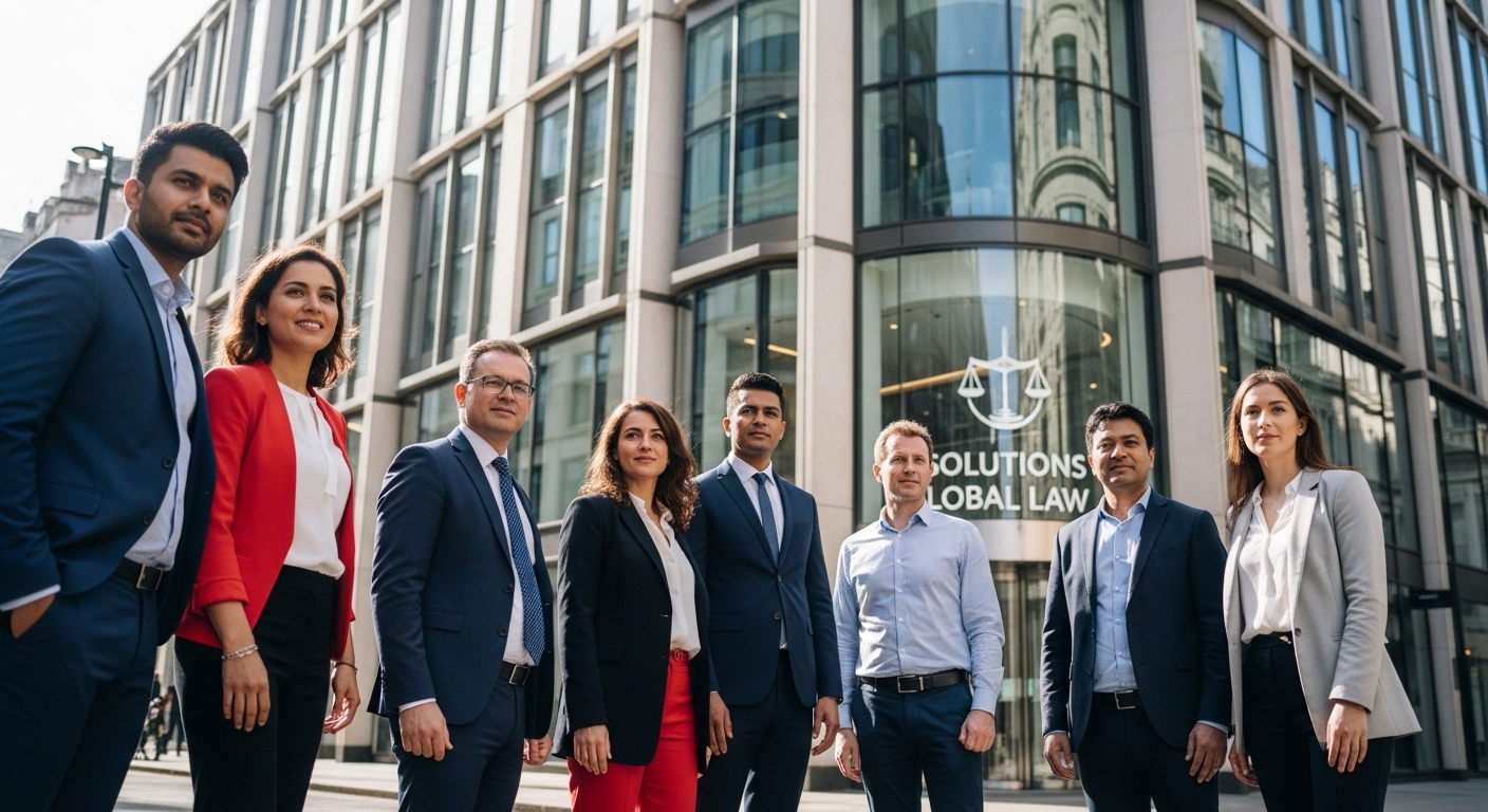 A diverse group of people, representing expats from different countries, looking confidently at a modern office building in London, symbolizing new beginnings and legal support. Photorealistic, bright daylight.