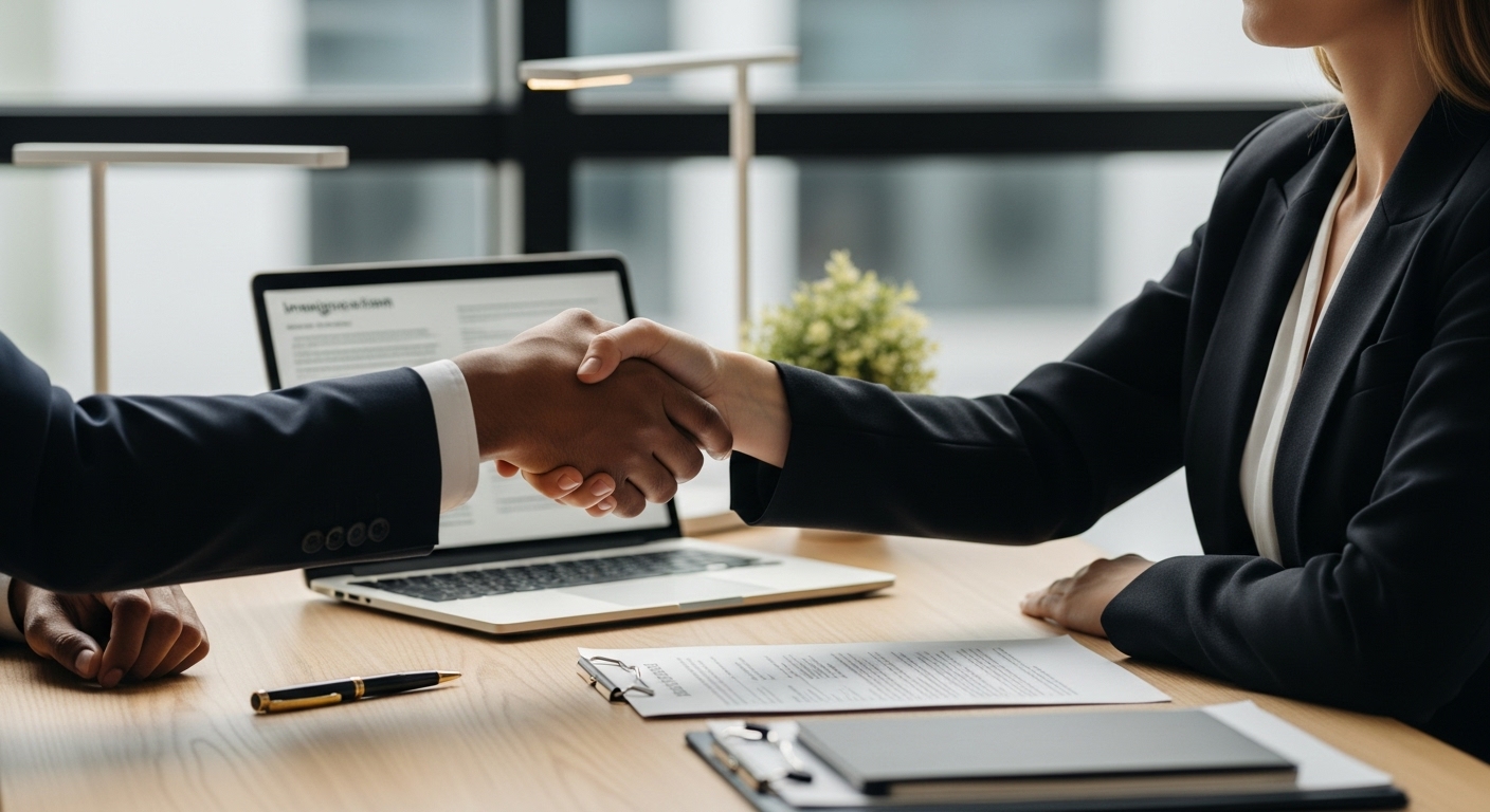 A close-up, professional shot of an expat client shaking hands with their immigration lawyer across a modern office desk, a laptop open with legal documents visible. Soft, natural lighting. Photorealistic.