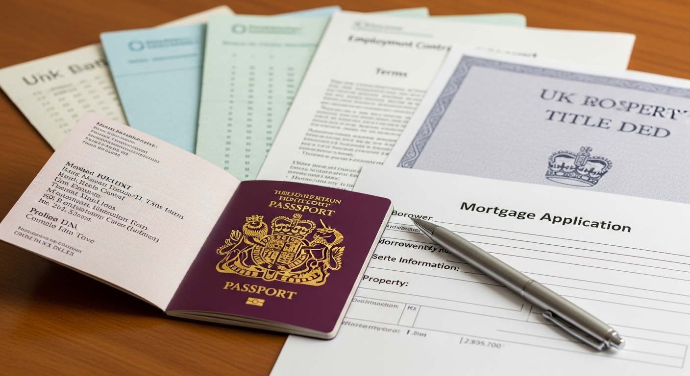 A close-up, photorealistic image of various financial documents spread across a wooden desk, including an open passport, bank statements, employment contracts, and a UK property title deed, with a pen resting on a mortgage application form. The lighting is soft and professional.
