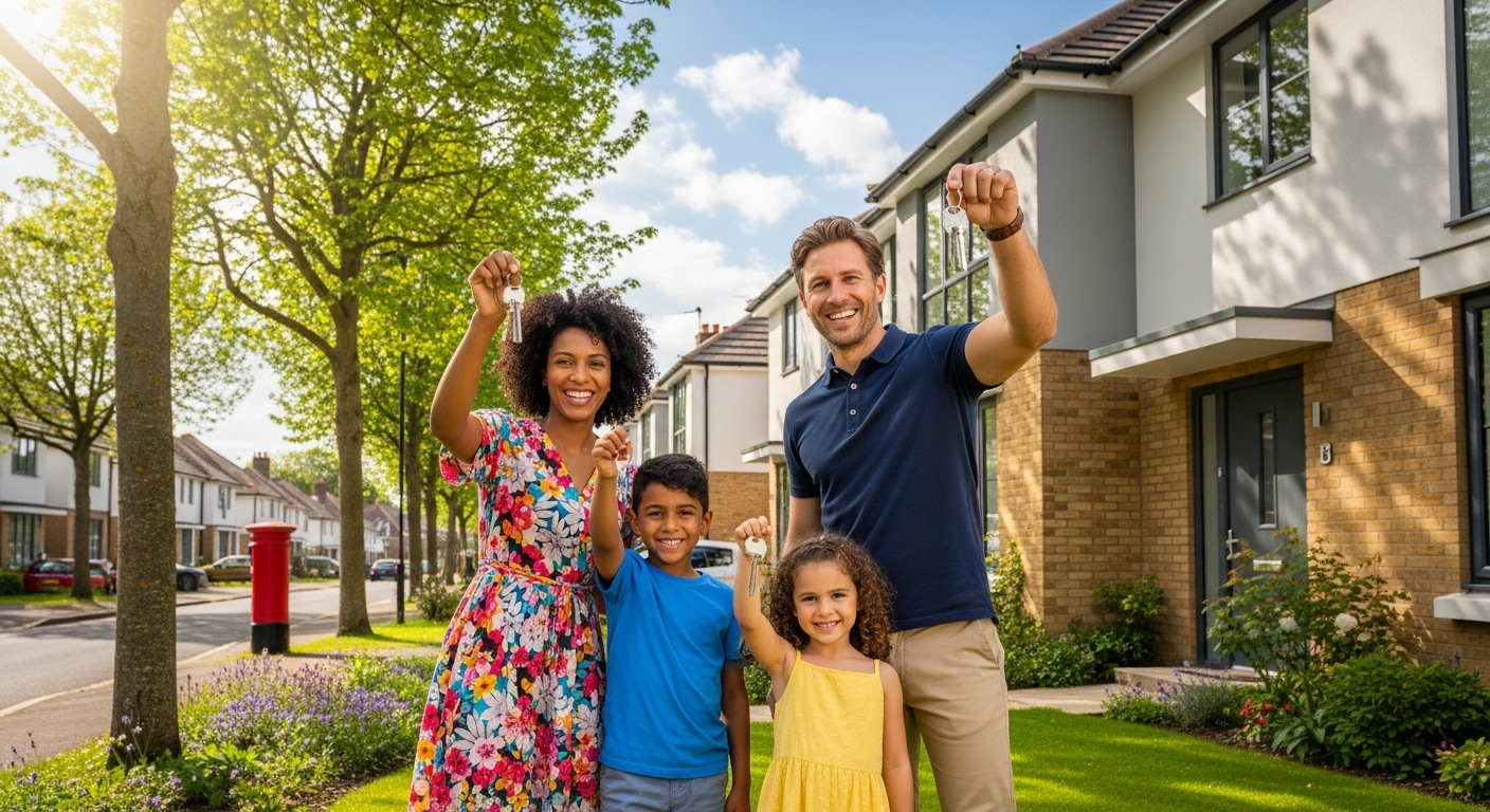 A cheerful and diverse expat family (parents and two children) standing proudly in front of a modern, semi-detached house in a leafy UK suburban street on a sunny day. They are holding house keys and smiling, celebrating their new home.