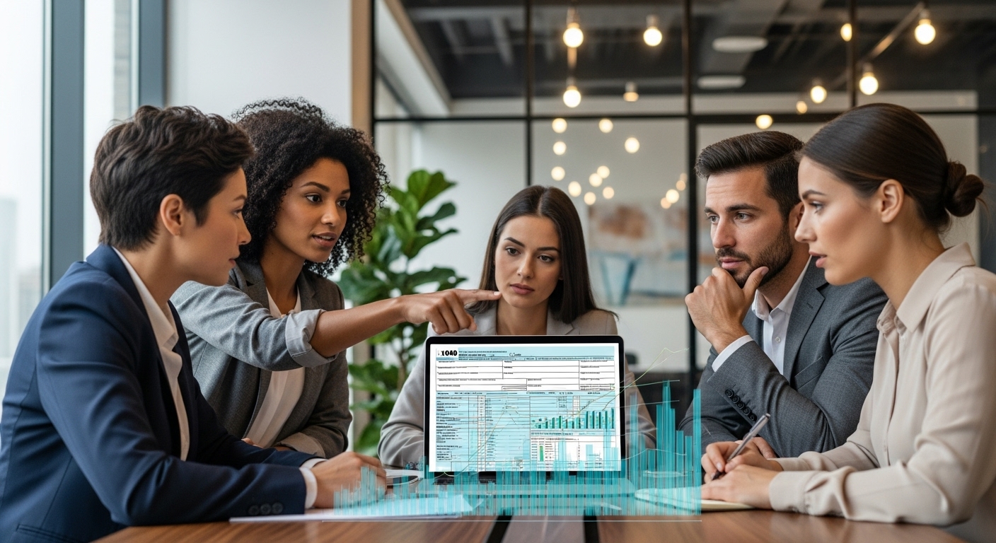 A diverse group of business professionals in a modern office, one pointing at a laptop screen displaying a complex tax form with graphs, others looking on intently. The atmosphere is collaborative and serious, with good lighting, photorealistic, high detail.