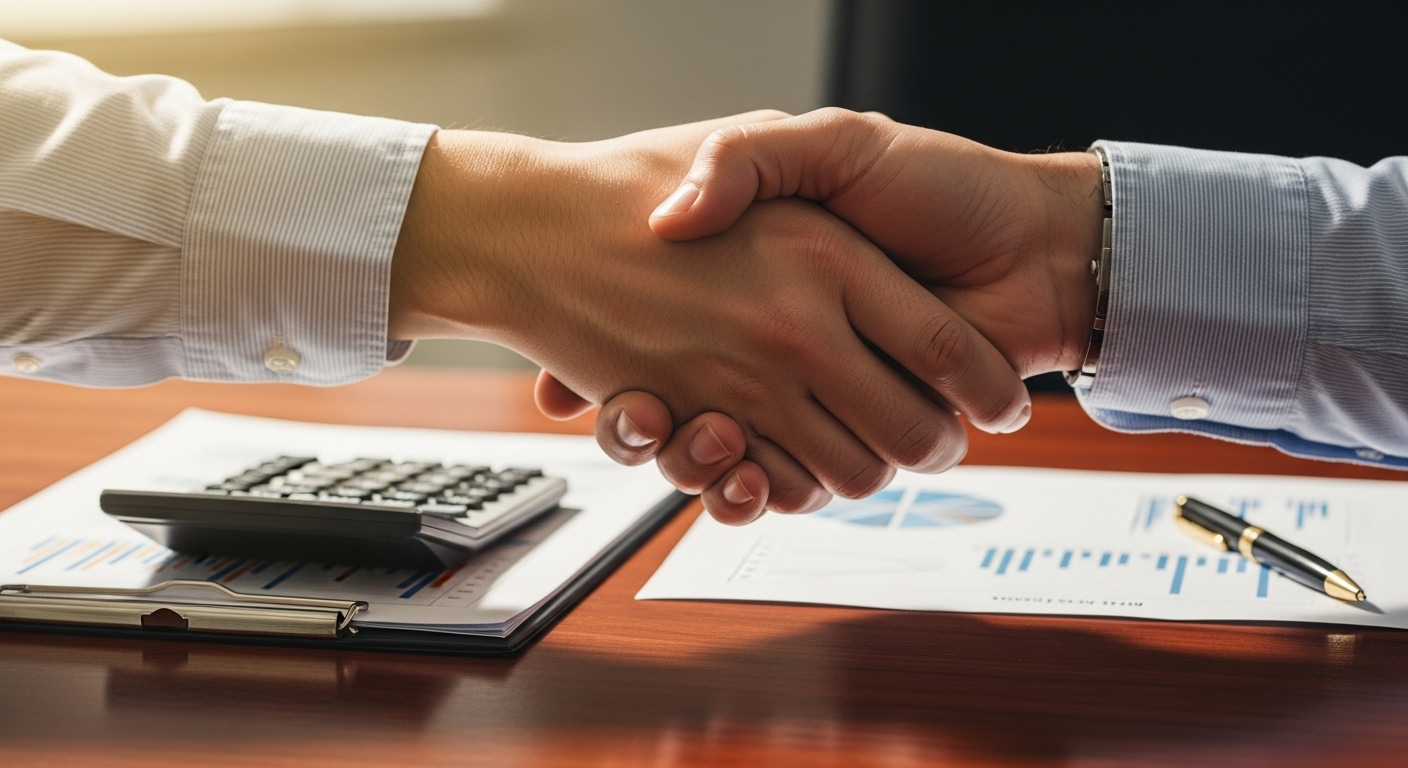 A close-up of hands shaking across a polished wooden desk, with blurry financial documents and a calculator in the background. Represents trust and professional service, warm lighting, photorealistic, shallow depth of field.