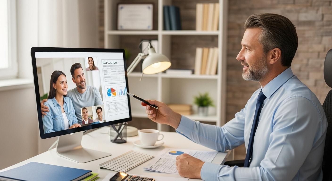 A professional accountant explaining complex tax documents to an expat couple via a video call, showing charts and figures on a screen. The expat couple looks relieved and understanding. Photorealistic, soft lighting.