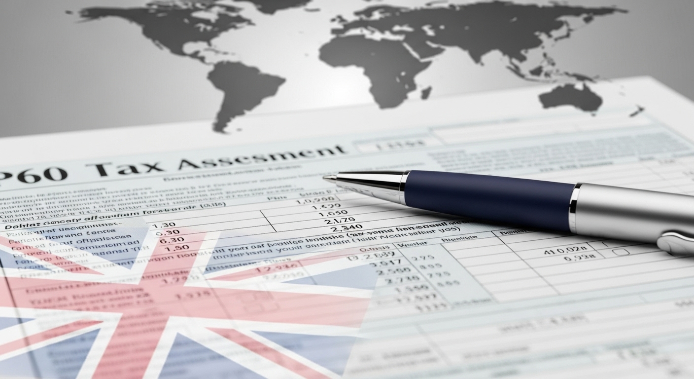A detailed tax form with a British flag subtly in the background, a pen resting on it. A world map is blurred in the background, symbolizing international tax. Photorealistic, high-detail, professional lighting.