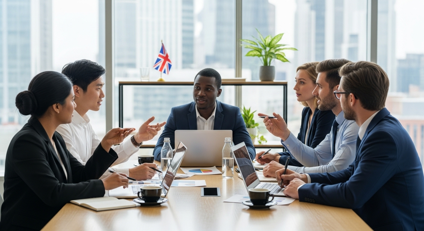 A diverse group of expat entrepreneurs in a modern co-working space, collaboratively discussing business ideas with laptops and UK flag subtly in the background, photorealistic