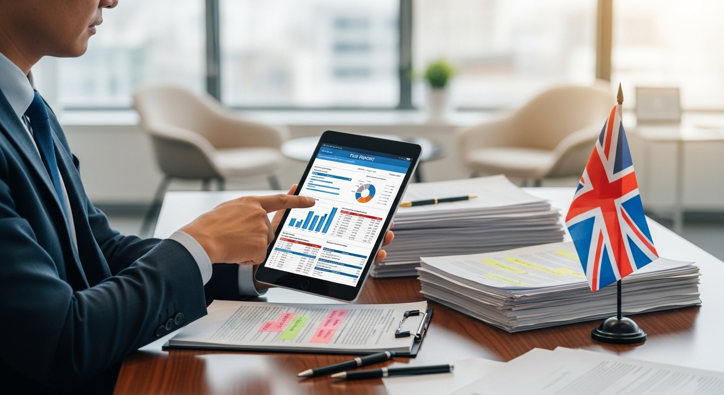 A business professional pointing at a financial report on a tablet, surrounded by legal documents and a UK flag in a modern, well-lit office, representing tax compliance, photorealistic