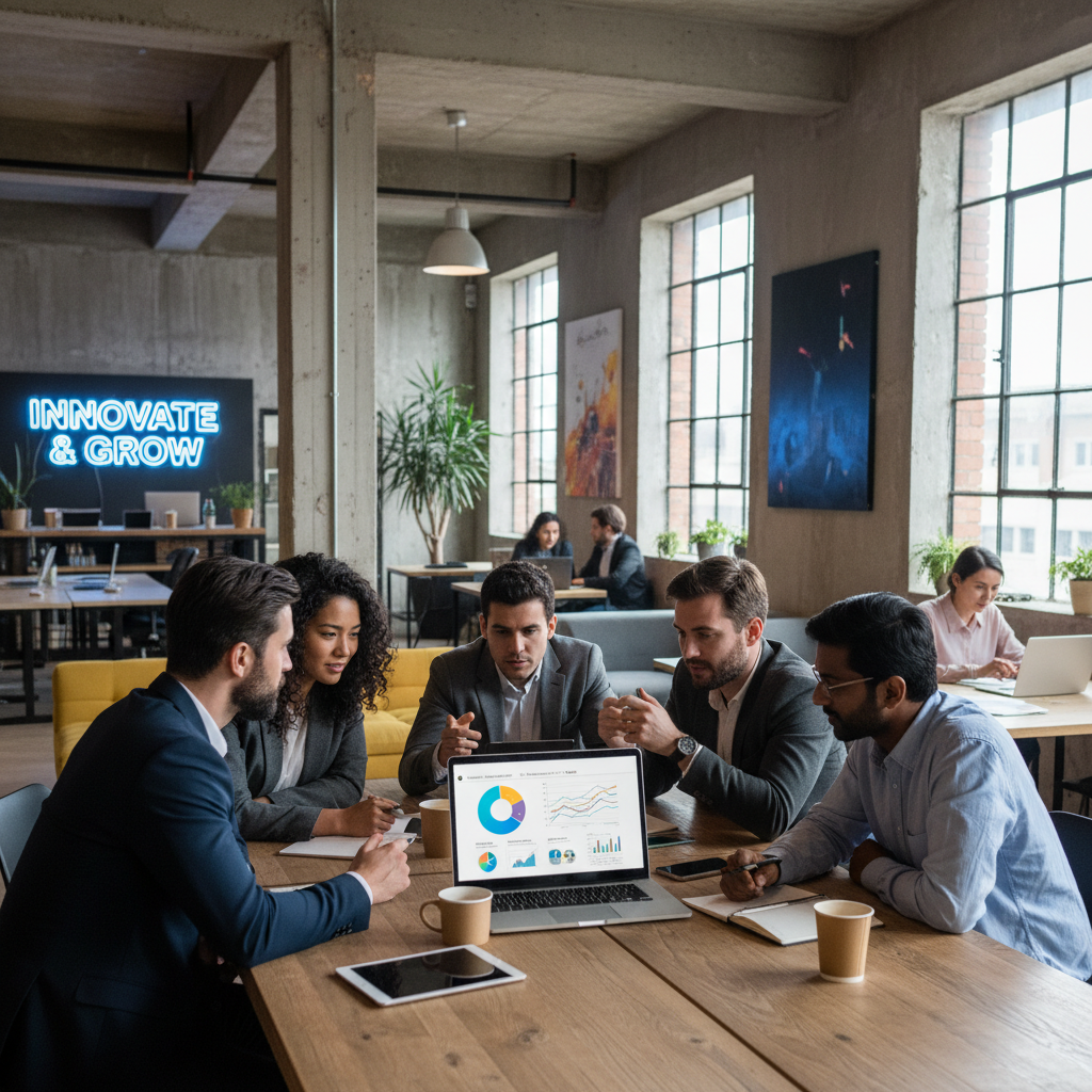 A diverse group of entrepreneurs in a modern co-working space, looking at a laptop and discussing business ideas, vibrant and professional atmosphere, photorealistic