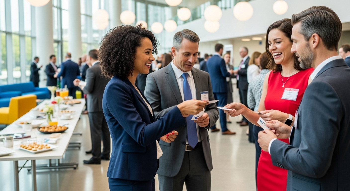 A professional networking event with diverse business people exchanging business cards and engaging in conversation, bright and modern setting, photorealistic