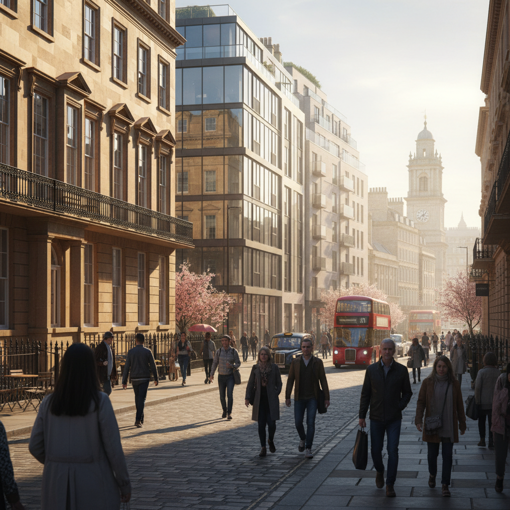 A vibrant, bustling street scene in a historic UK city, with elegant Georgian townhouses and modern apartment buildings. Sunlight illuminates the architecture, and people are walking on the pavements. Photorealistic, high detail.