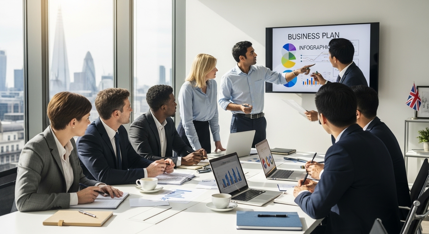 A diverse group of business professionals from around the world discussing business plans in a modern, light-filled UK office, with a subtle British flag in the background, photorealistic.