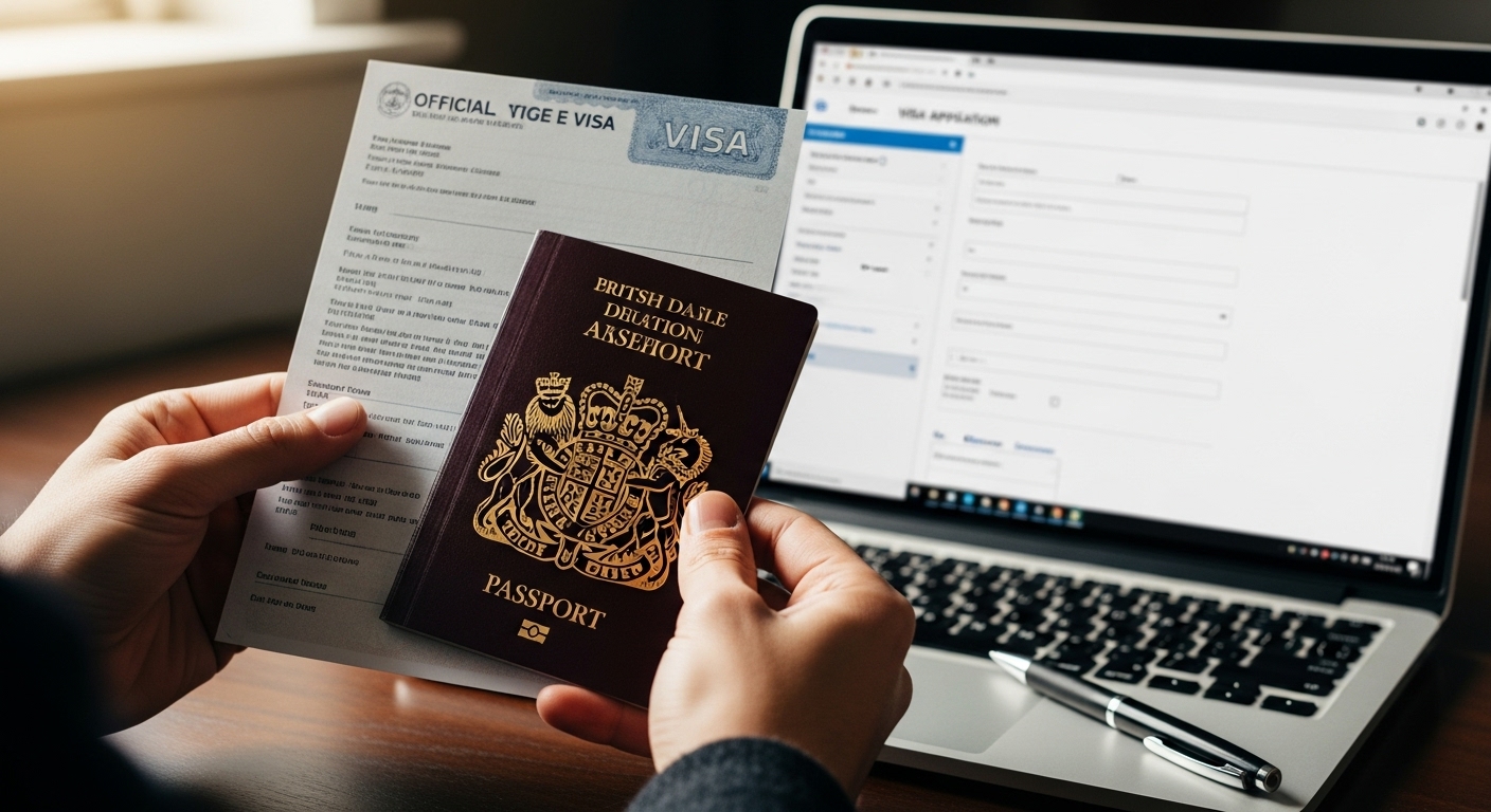 A person's hands holding a British passport and an official visa document, with a laptop displaying an online application form in the background, a pen nearby, in a well-lit, professional setting, photorealistic.
