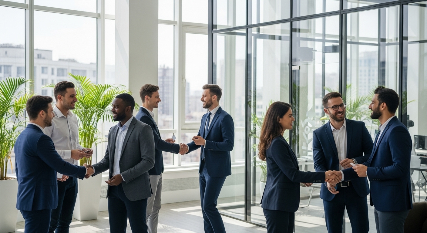 A diverse group of expat professionals from various backgrounds smiling and shaking hands in a modern, bright office setting, representing successful networking and financial planning. Photorealistic, high detail.