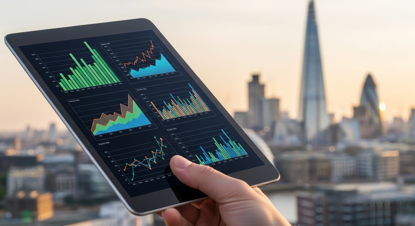 A close-up shot of a hand holding a tablet displaying various financial charts and graphs with a blurred background of the London cityscape. The charts show positive growth trends. Photorealistic, vibrant colors.