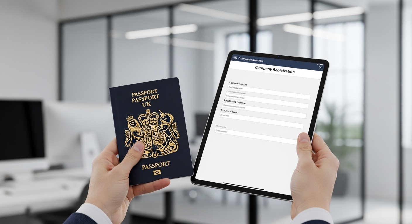 A close-up shot of hands holding a UK passport and a tablet displaying a company registration form, with a blurred background of a modern office space. Photorealistic, clean, professional. Studio lighting.