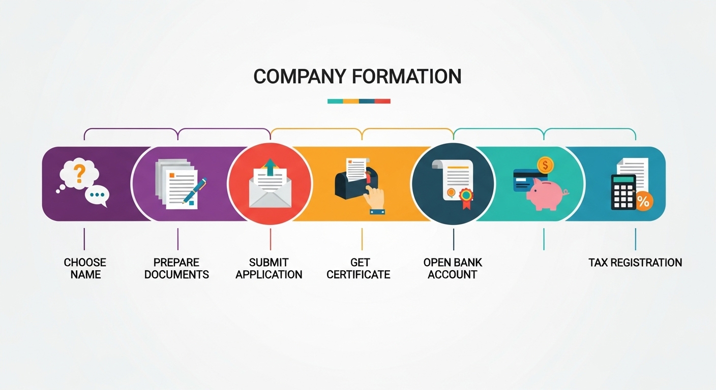 A stylized infographic showing a simplified step-by-step process of company formation with icons representing 'choose name', 'prepare documents', 'submit application', 'get certificate', 'open bank account', 'tax registration'. Bright, professional, easy to understand. Flat design.