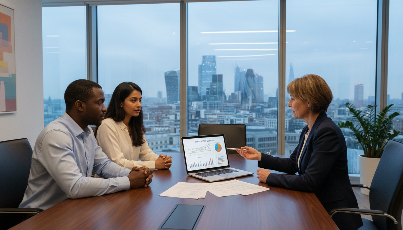 A professional financial advisor sitting with a diverse couple in a modern London office overlooking the City skyline, discussing tax documents and a laptop screen displaying financial charts.