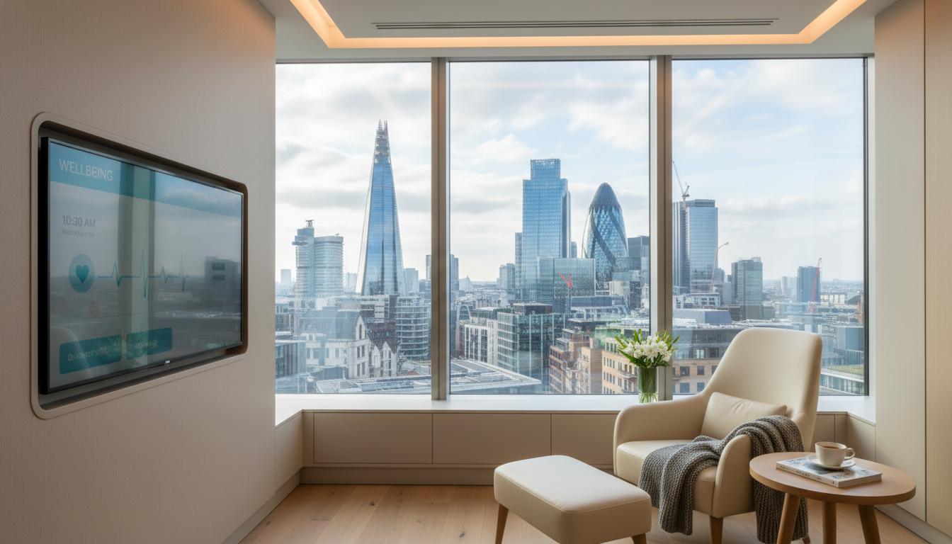 A modern London skyline visible through a clean, bright window of a high-end private hospital room with a patient-friendly digital monitor and comfortable seating.