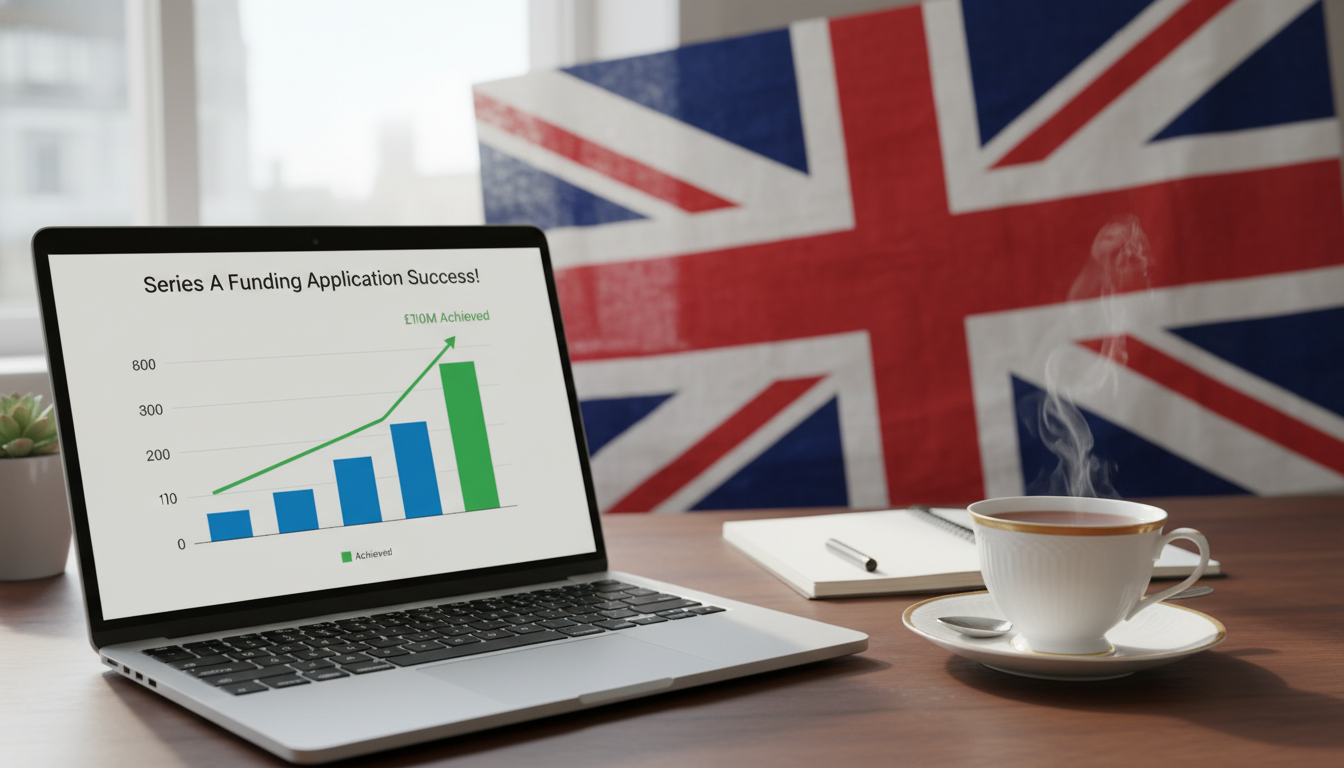 A professional desk setup with a laptop showing a successful funding application graph, a cup of English tea, and the UK flag in the background, soft daylight, 8k resolution