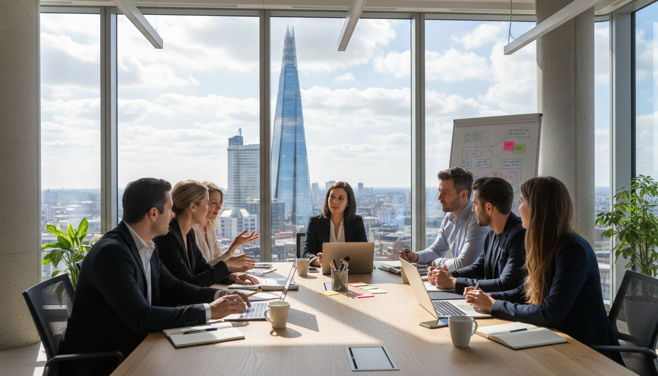 A professional modern office setting in London with a view of the Shard in the background, featuring a diverse group of entrepreneurs discussing business plans around a wooden table with laptops and coffee cups.