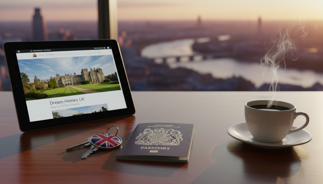 A professional desk setting with a British passport, a set of house keys with a Union Jack keychain, an iPad showing a UK property listing website, and a cup of coffee, overlooking a blurry city skyline at sunset, high-quality photography, cinematic lighting