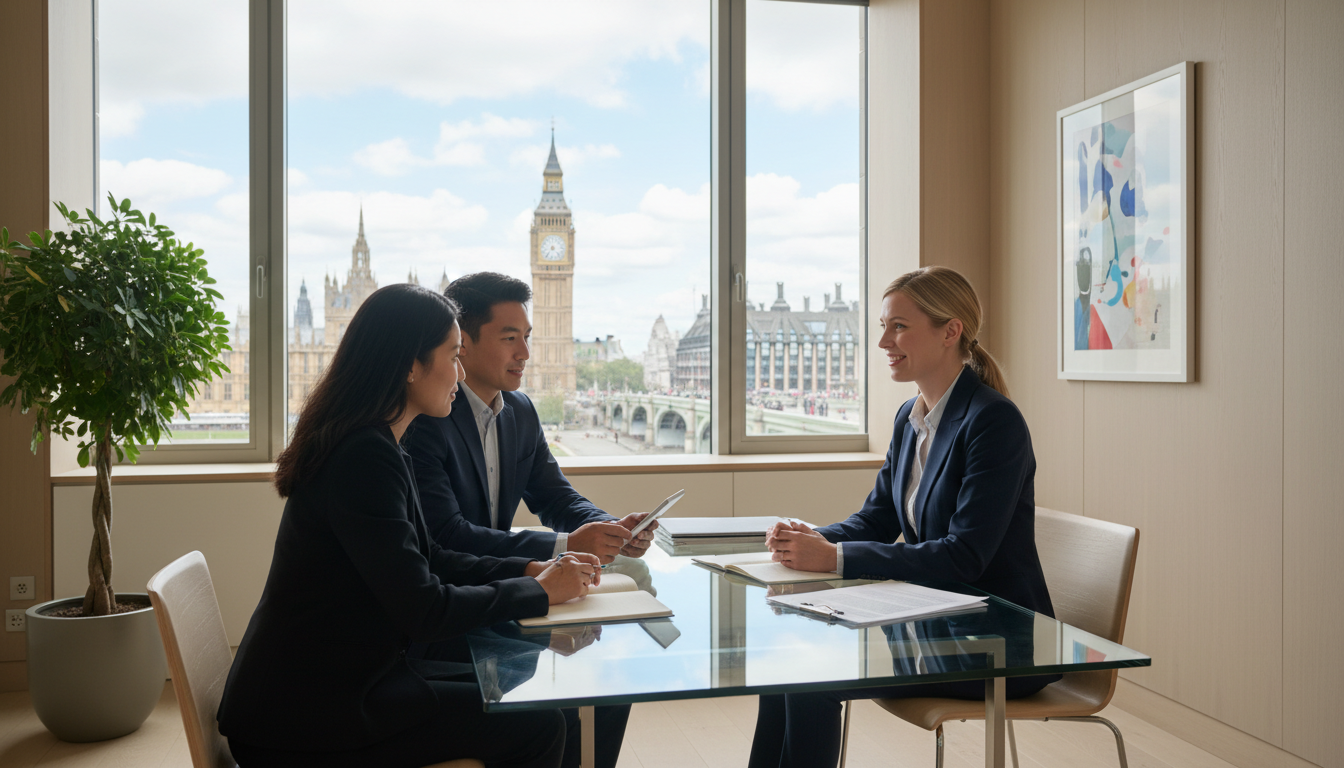 A professional financial advisor sitting across a modern glass desk from a diverse expat couple in a bright London office, Big Ben visible through the window, professional and welcoming atmosphere, 4k resolution, cinematic lighting