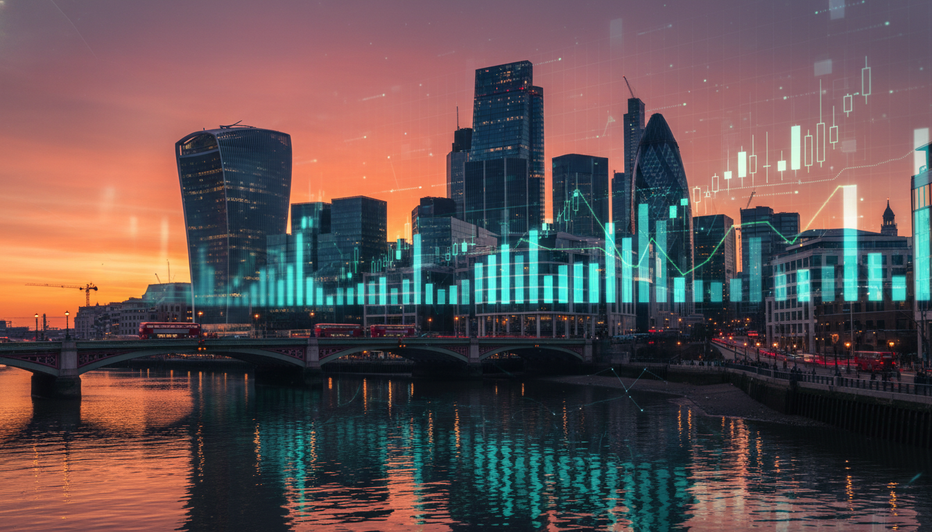 A wide-angle view of the London financial district, Canary Wharf, at sunset, with a digital overlay of glowing blue and green stock market tickers and bar charts reflecting off the Thames river, professional photography style, ultra-detailed