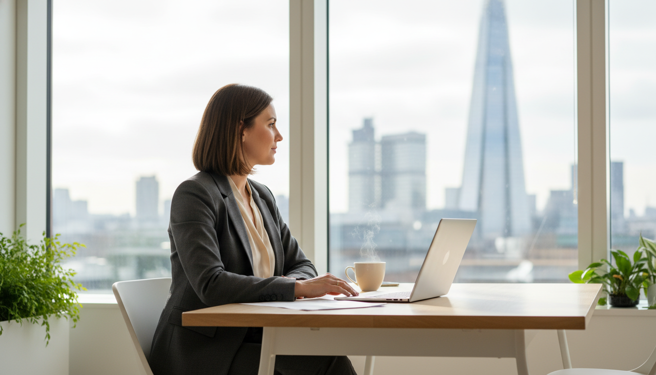 A professional UK accountant sitting at a modern minimalist desk with a laptop and a cup of tea, looking at a blurred London skyline through a large office window, clean and bright aesthetic.