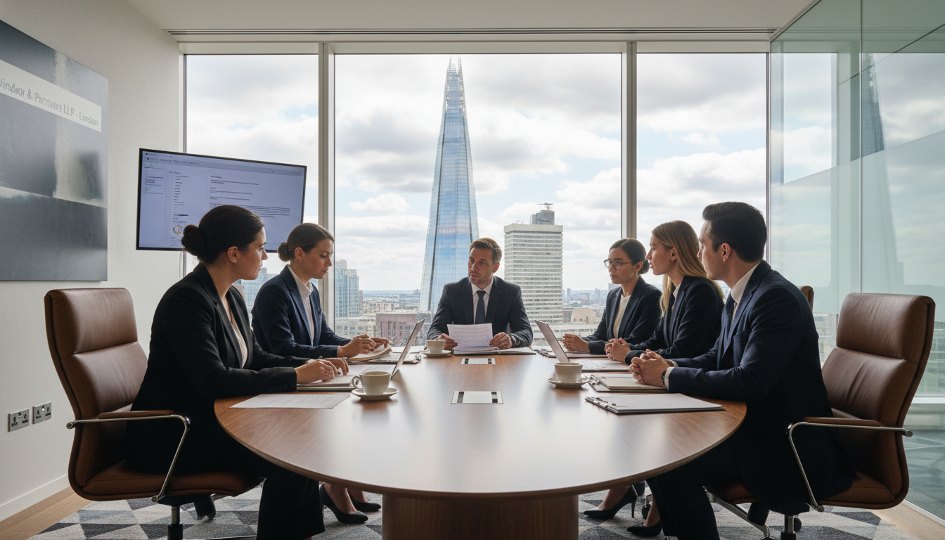 A professional modern law office in London with a view of the Shard through the window, featuring a diverse team of lawyers discussing documents around a wooden table, soft natural lighting, high-end corporate atmosphere.