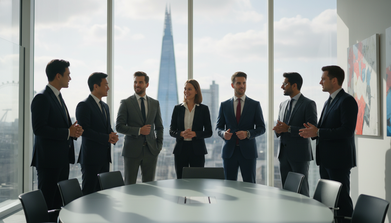 A diverse group of professional business entrepreneurs standing in a modern glass-walled office in London, with the Shard or Big Ben visible in the blurred background, high-resolution photography, natural lighting, corporate professional style.