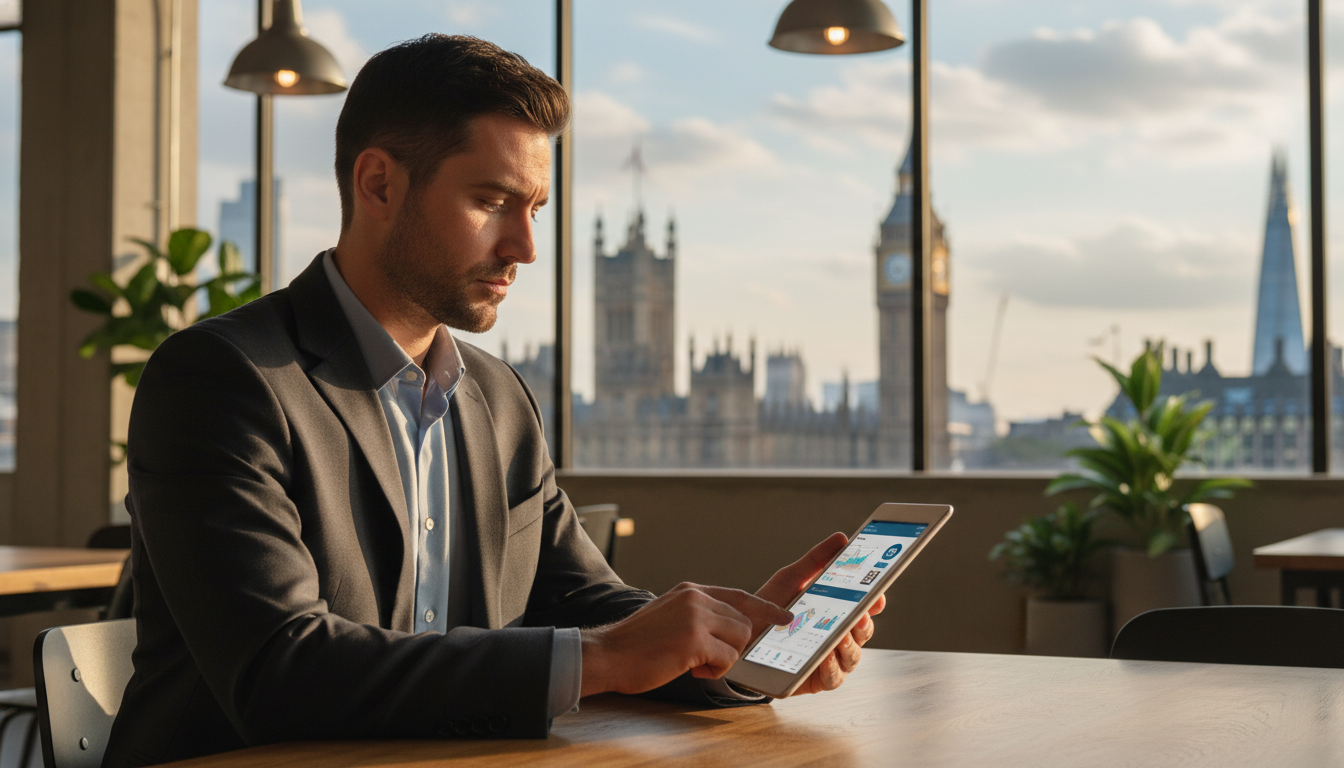 A professional businessman sitting in a bright, modern London co-working space, using a tablet to manage digital banking apps, with a blurred view of the London skyline and Big Ben through a window in the background, professional photography style, 4k resolution.