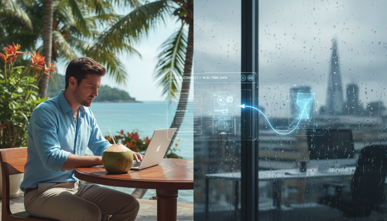 A sleek, modern split-screen visual showing a professional British man working on a laptop in a tropical outdoor setting on one side, and a rainy London cityscape seen through an office window on the other, with a digital CRM interface connecting both scenes.