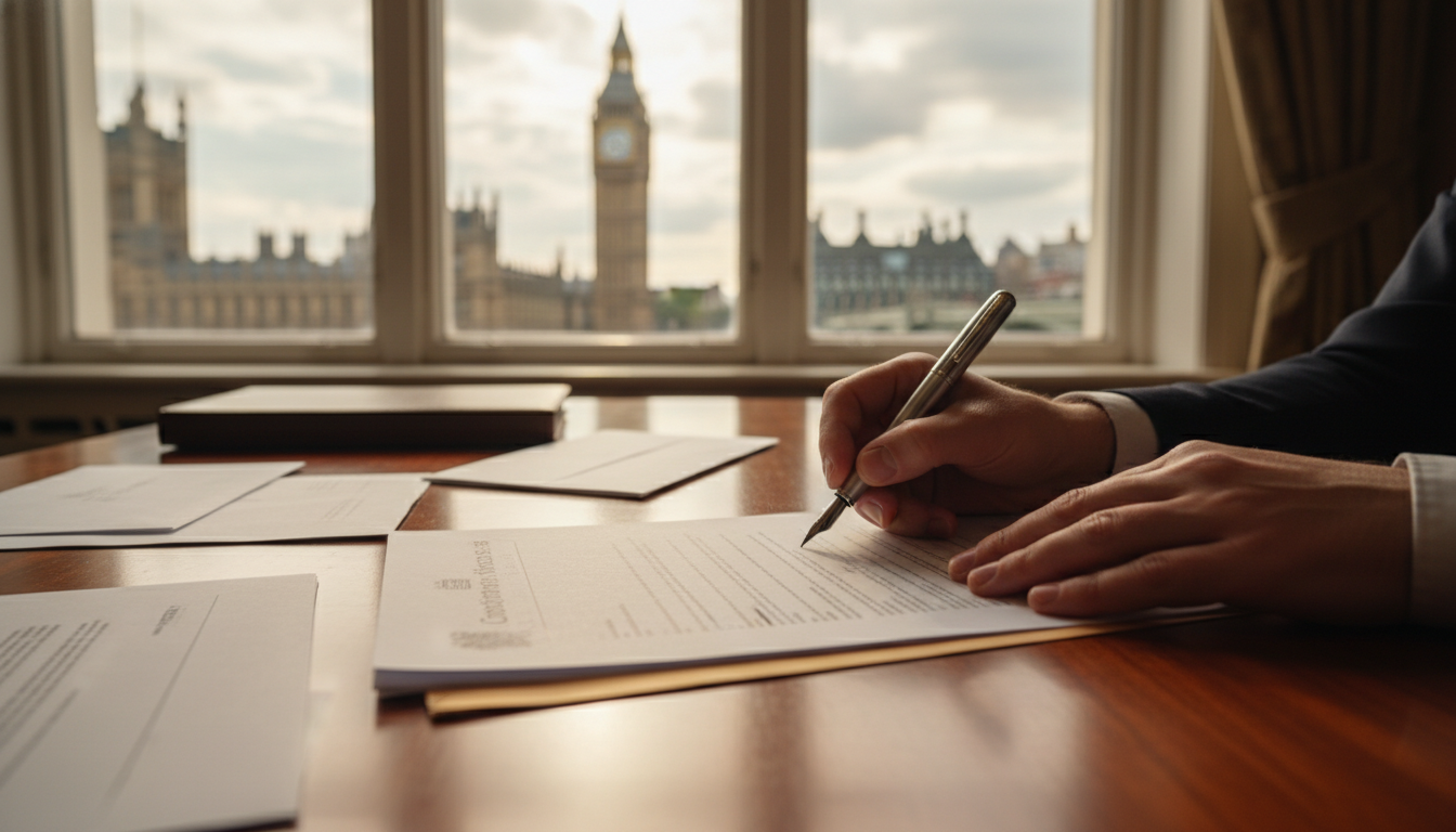 A high-quality, professional photograph of a person's hands signing official UK business documents on a mahogany desk, with a blurred view of the London skyline and Big Ben in the background through a large window.